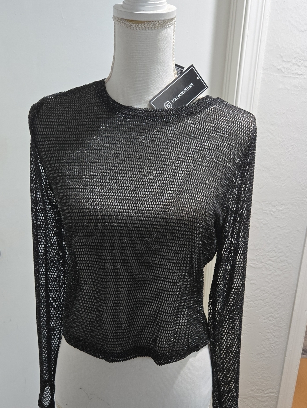 Polly & Esther Black Open-Weave Long-Sleeve Top